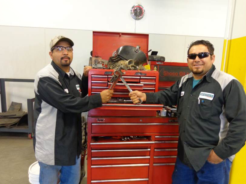 Juan Martinez (left) and Alonso Depaz (right) stepped up and took the initiative to learn more about the paving process. Martinez wanted to learn how to pave so he would understand which repairs were priority and why when equipment came in to the shop. These two work side-by-side to keep the Brannan Sand and Gravel paving teams up and running smoothly.