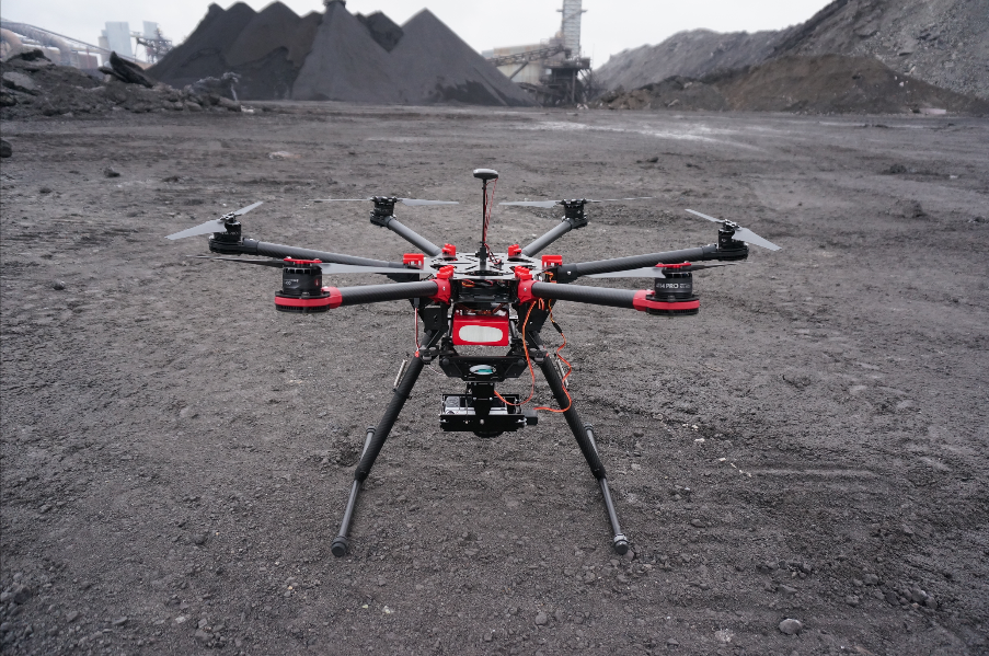 The owner programs the AV-900 hexcopter for its mission to take overlapping images of the stockpiles when using the drone for the purpose of determining stockpile volumetrics. Photo courtesy AirGon, LLC, Huntsville, Alabama.