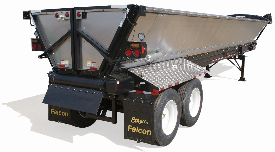 The Falcon live bottom belt trailer from E.D. Etnyre & Company, Oregon, Ill., is designed to deliver mix without raising the body up, offering safe, continuous operation even under power lines and bridge decks.