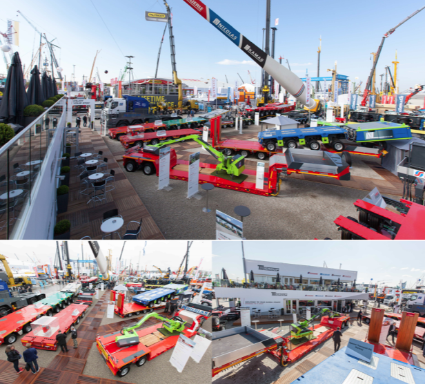 Trailers with hydraulically supported pendulum axles at the TII Group stand at BAUMA showcased the new maintenance-free independent suspension and self-propelled modular transport systems.