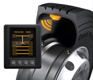 The ContiPressureCheck sensors inside the tires monitor the pressure and temperature of all tires on the vehicle continuously, during travel. The data are recorded constantly and shown to the driver on a display.