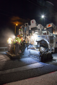 The RP-190e is a rubber-tired paver from Roadtec made for highway work. According to Murphy, 90 percent of LoJac Enterprises’ work is government-oriented paving, including airports, county, city and DOT work.