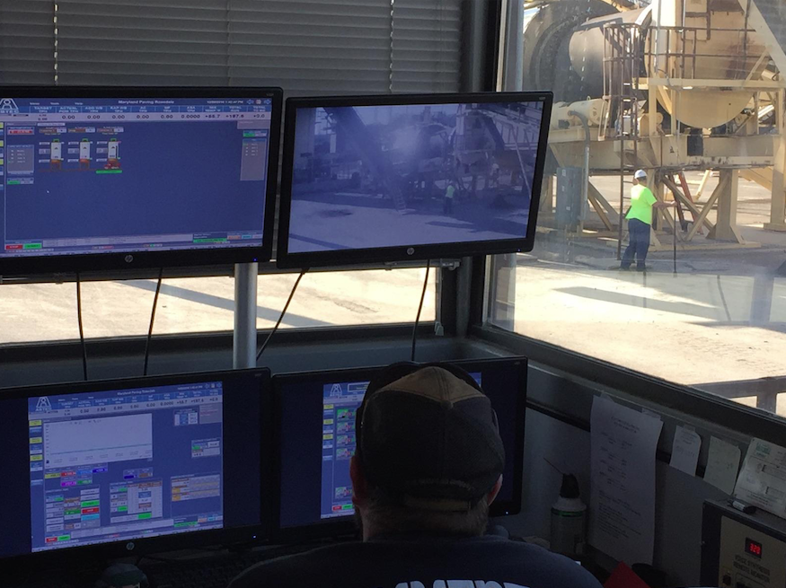 Maryland Paving is installing cameras at the plant to improve safety. Now, the plant operator can quickly glance around the plant and make sure everyone is safe on monitors like you see here.
