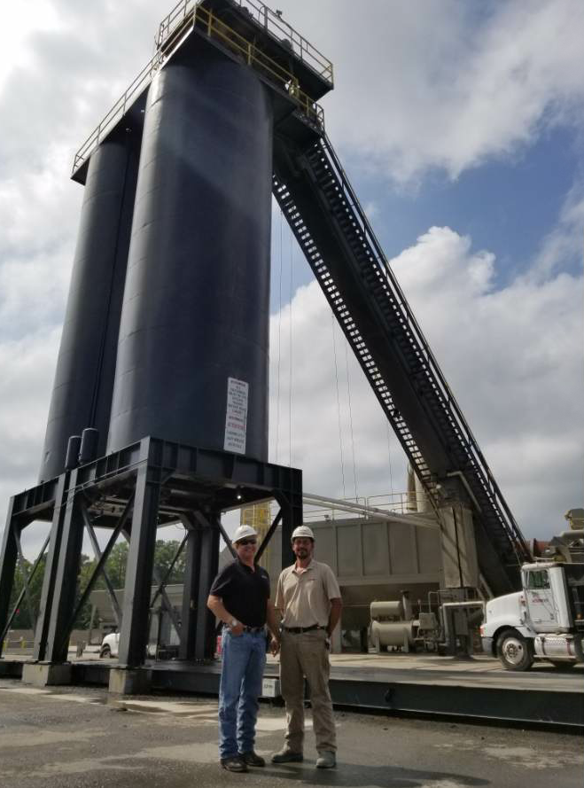 Tim Kopec (at left) is the manager of asphalt operations and Mike Heitzman (at right) is the manager of asphalt production for Carolina Sunrock’s Butner site.