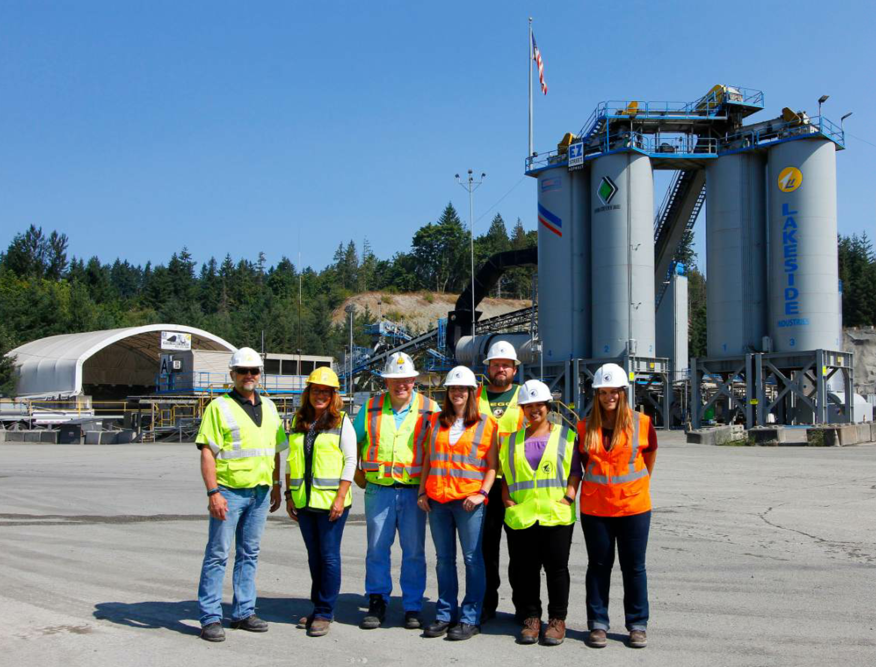 Lakeside Industries’ Risk Management and Safety Team (shown from left to right at the Issaquah, Washington site) is Safety & Claims Director Mike O’Neil (with Lakeside since 1988), Safety Specialist Rosa Connell (with Lakeside since 1988), Director of Risk Management Cal Beyer (with Lakeside since 2014), Risk Management & Safety Coordinator Melanie Foister (with Lakeside since 2012), Safety Specialist Mike Shute (with Lakeside since 2011), Risk Management & Safety Administrative Assistant Nisha Choughule (with Lakeside since 2016), and Safety & Health Management Intern Elena Wagar (Central Washington University; summer 2017). Photographer Ryan Anderson.