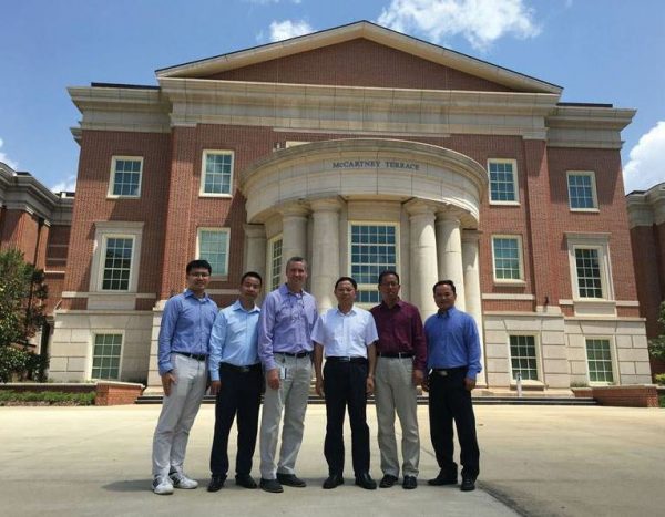 Employees of SINYUE visited Auburn University on a campus tour. From left, NCAT Postdoctoral Researcher Fan Gu, Sinyue Senior Advisor Bin Wang, NCAT Director Randy West, Sinyue President Shuihui Wu, Sinyue Senior Advisor James Luo, and NCAT Associate Research Professor Nam Tran.