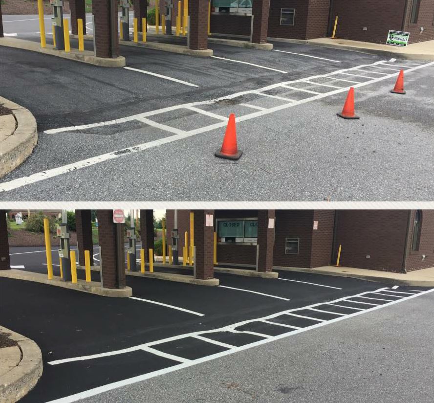 Before and after sealing a bank drive-through.