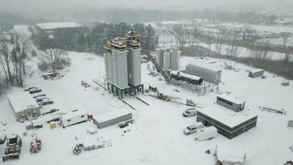 The components are in place here, but you can’t test a plant in these conditions. The Ajax Materials Corporation team went above and beyond the call of duty to design and build its new Brighton, Michigan, facility. Vice President Mark Boden said, “I’m proud of the teamwork and safety that went into building this plant under the worst winter conditions I’ve ever seen.” Photo courtesy Ajax Materials