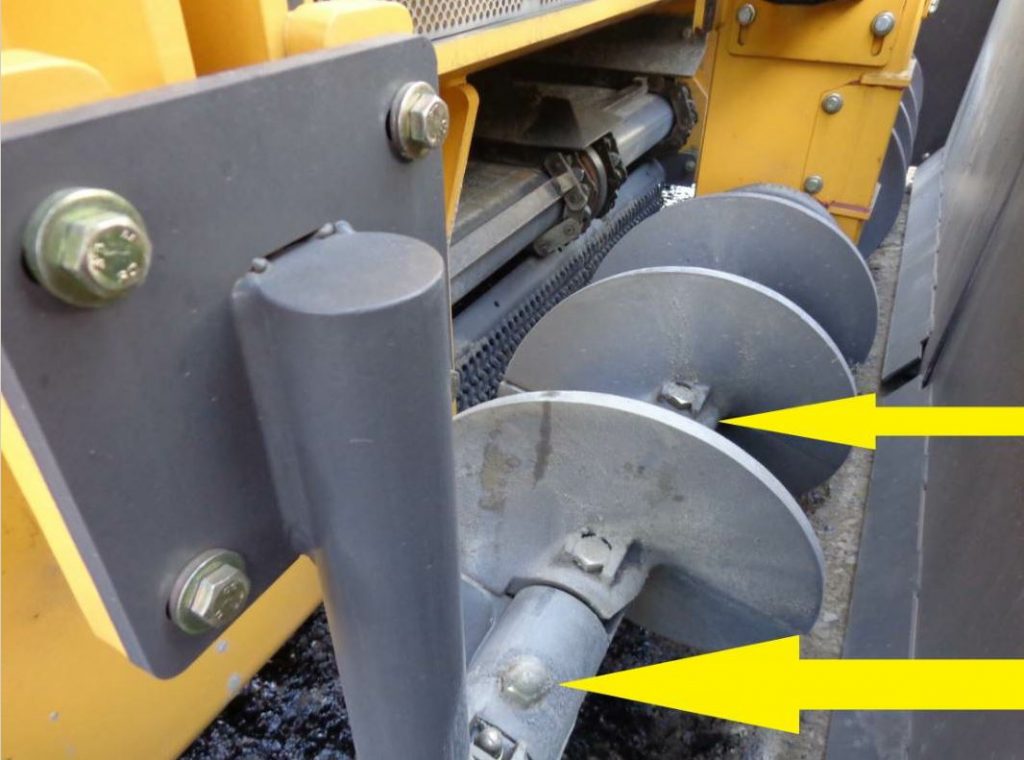 You want to set the augers low enough that you can control the head of material during paving. Keep it at the midpoint of the augers and keep it consistent across the length of the augers. Photo courtesy John Ball of Top Quality Paving & Training