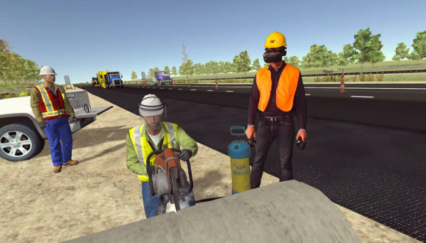 The paving module immerses the viewer in a virtual environment alongside the paving train.
