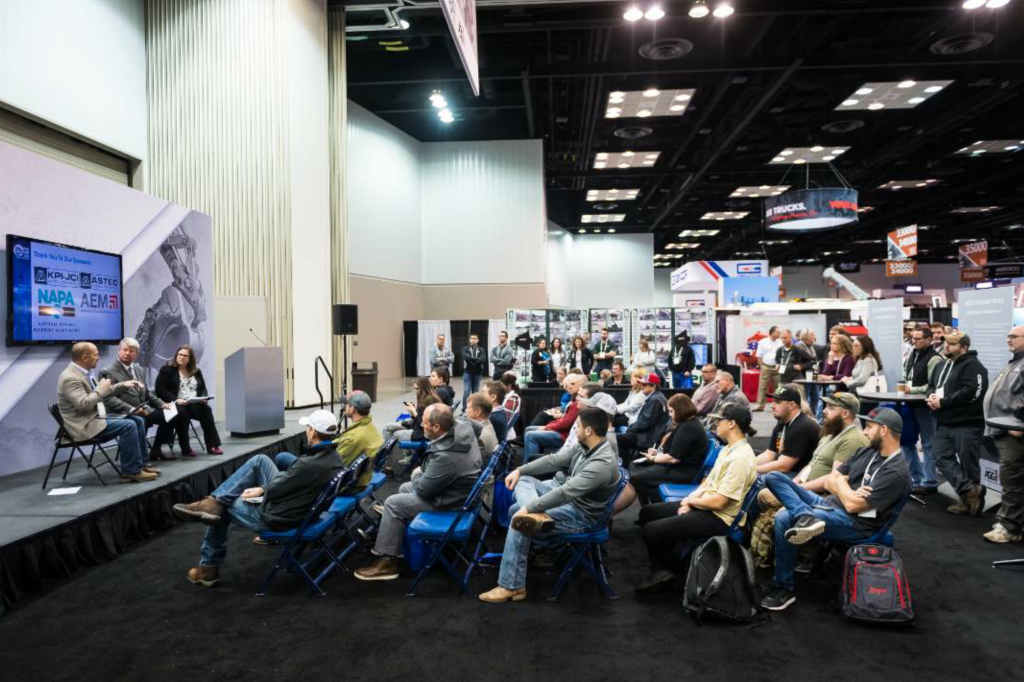 Another feature on the show floor was the “Rocks to Road Stage” where industry experts gave short talks or panel discussions throughout the trade show. Photo courtesy AEM.