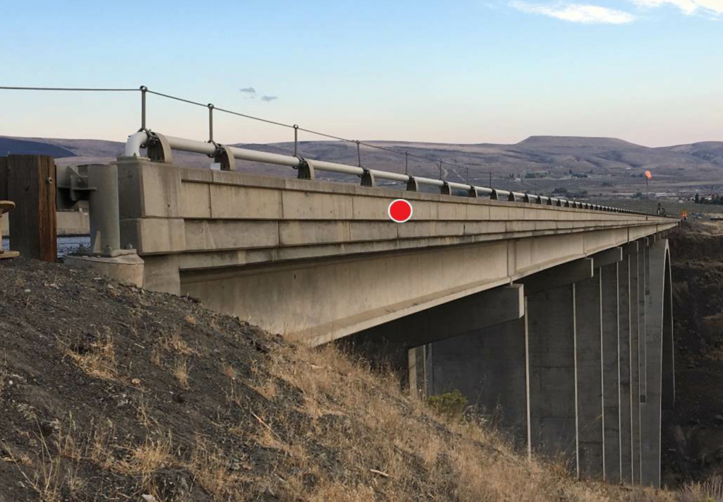 Pacific Geo Engineering placed the vibration monitoring equipment on the Selah Creek Bridge approximately where this red dot appears.