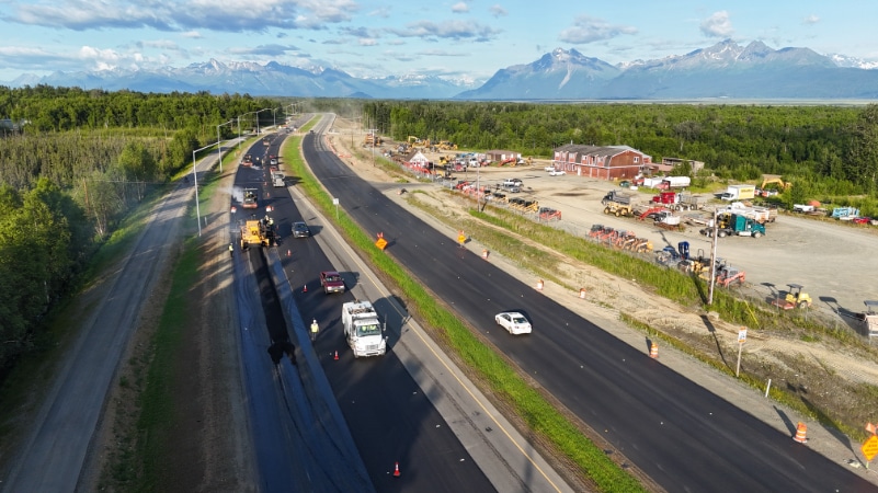 A Granite crew performs top lift paving on Knik-Goose Bay Road in Alaska.